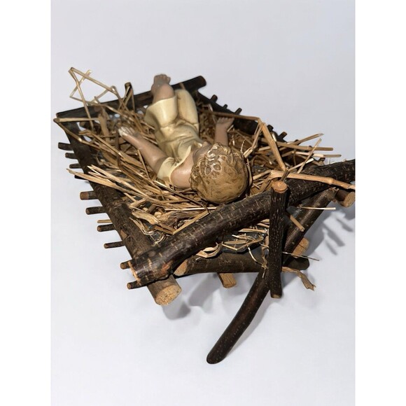 Antique Infant Jesus 1900s Real Wood Manger Nativity Baby Religious Decor - Picture 5 of 16